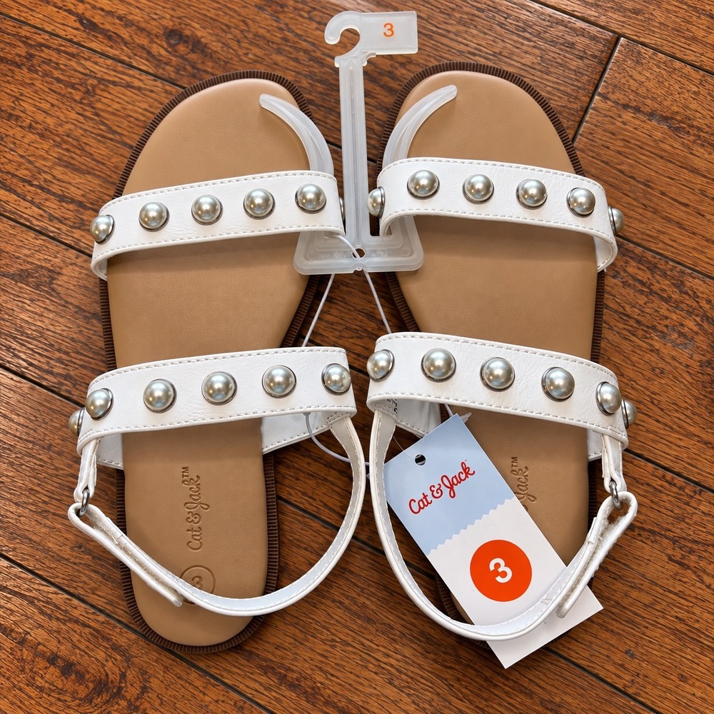 Cat & Jack Girls White Faux Pearl Studded Strappy Sandals Size 3 NEW